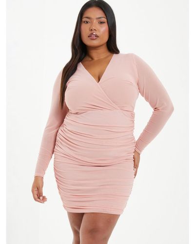Quiz Plus Size Mesh Wrap Ruched Dress - Pink
