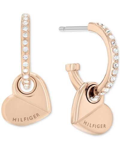 Tommy Hilfiger Gold-tone Stainless Steel Heart Charm Pave Hoop Earrings - Natural