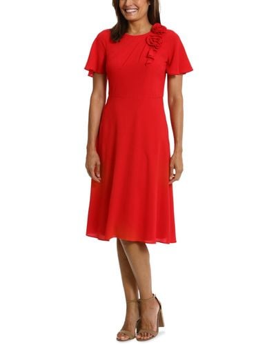 London Times Rosette Flutter-sleeve Midi Dress - Red