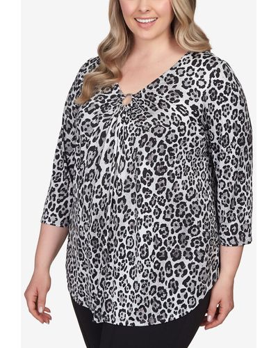 Ruby Rd. Plus Size Cheetah O-ring Dew Drop Accent Top - Blue