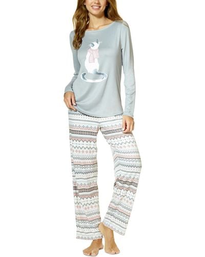Hue Feline Fair Isle Long-sleeve T-shirt And Pajama Pants Set - Blue