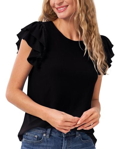 Cece Ruffled Flutter-sleeve Short Sleeve Knit Top - Black