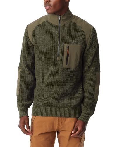 BASS OUTDOOR Quarter-zip Long Sleeve Pullover Patch Sweater - Green