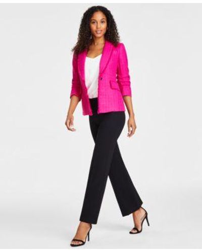 Anne Klein Petite Scrunch Sleeve Tweed Fringe Jacket Pleated V Neck Top High Rise Pull On Knit Pants - Pink