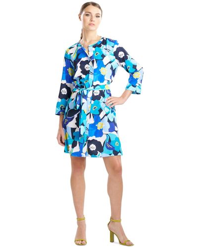 Natori Floral-print Belted 3/4-sleeve Dress - Blue