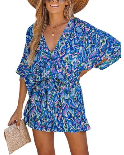 CUPSHE Abstract Print Drawstring Romper - Blue