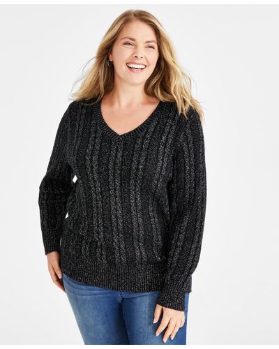 Style & Co. Plus Size Metallic Cable Knit Sweater - Black