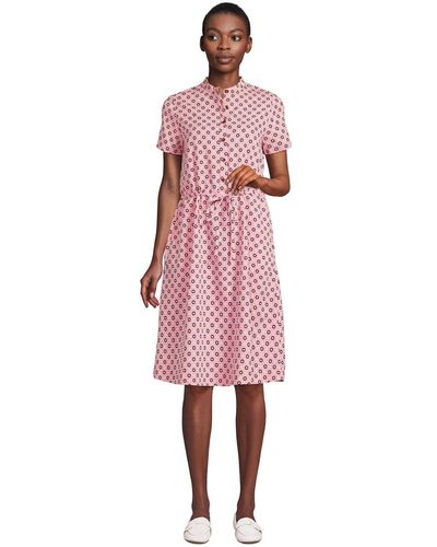 Lands' End Rayon Short Sleeve Button Front Dress - Pink
