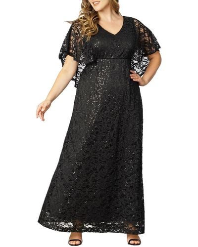 Kiyonna Plus Size Celestial Cape Sleeve Sequined Lace Gown - Black