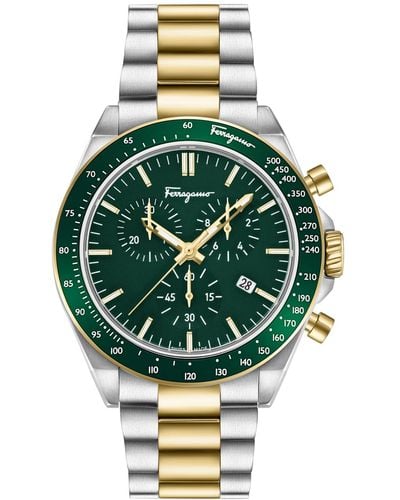 Ferragamo Swiss Chronograph Urban Two-tone Stainless Steel Bracelet Watch 43mm - Green