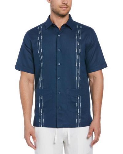 Cubavera Short Sleeve Leaf Linen Blend Embroidered Guayabera Button-front Shirt - Blue