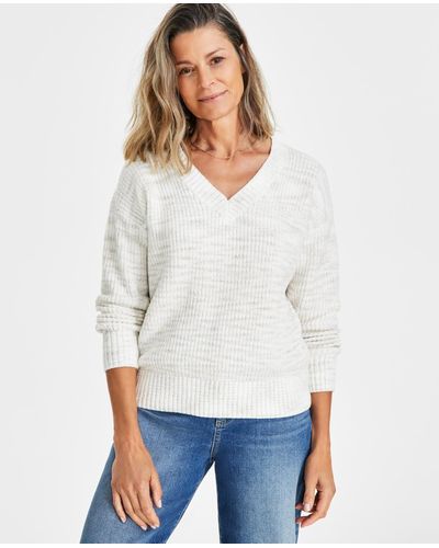 Style & Co. Petite Space-dye V-neck Sweater - White