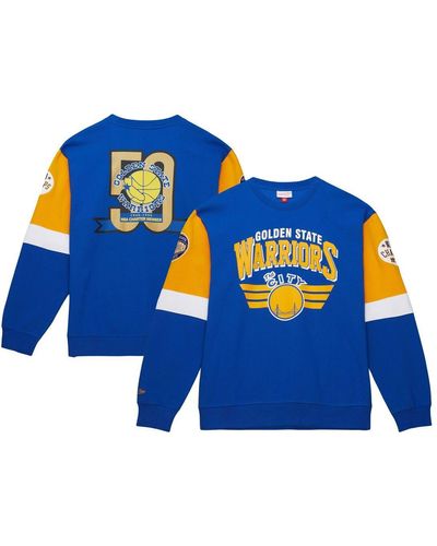 Mitchell & Ness Distressed Golden State Warriors Hardwood Classics Vintage-like All Over 3.0 Pullover Sweatshirt - Blue