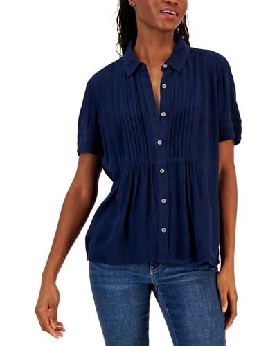 Style & Co. Pintuck Short-sleeve Button-front Shirt - Blue