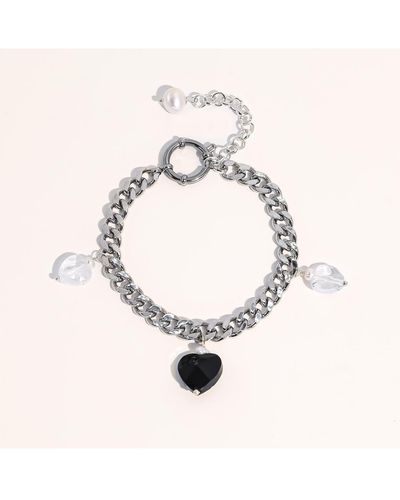 Joey Baby Robyn Black Heart Charm Freshwater Pearl Silver Bracelet - Natural