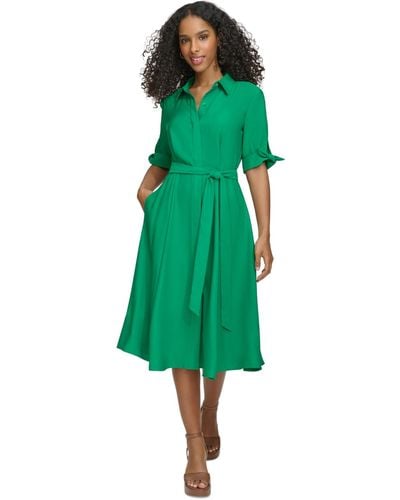 Calvin Klein Petite Tie-front Short-sleeve Tie-waist Dress - Green