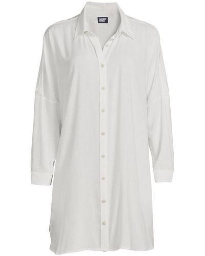 Lands' End Sheer Rayon Oversized Button Front Swim Cover-up Shirt - White