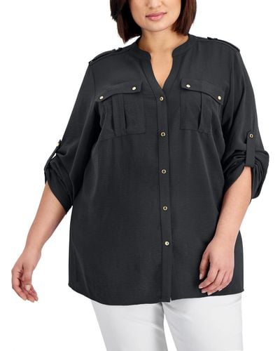 Calvin Klein Plus Size Textured Roll Tab Button Down Shirt - Black