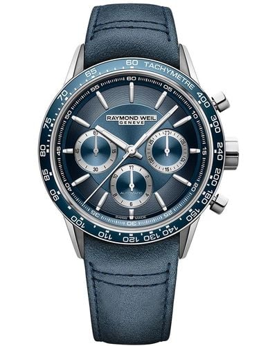 Raymond Weil Swiss Automatic Chronograph Freelancer Blue Leather Strap Watch 44mm