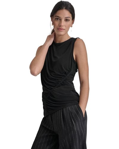 DKNY Crewneck Sleeveless Side-ruched Knit Top - Black