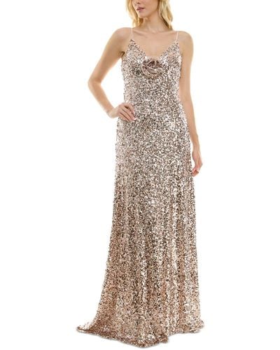 Taylor Sequin Embellished Rosette Sleeveless Gown - Natural