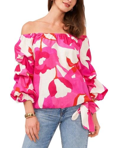 Vince Camuto Printed Off The Shoulder Bubble Sleeve Tie Front Blouse - Red