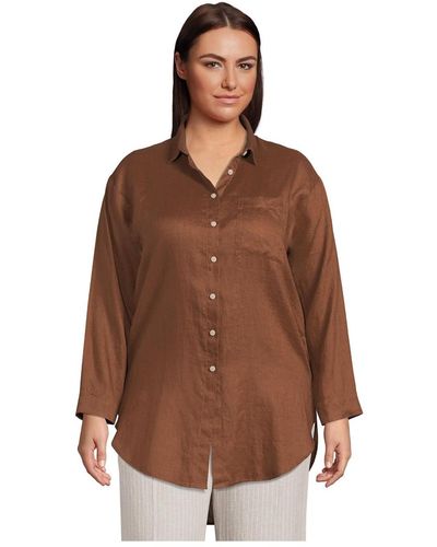 Lands' End Plus Size Linen Long Sleeve Over D Extra Long Tunic Top - Brown
