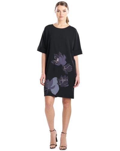 Natori Floral Round-neck Short-sleeve Dress - Black
