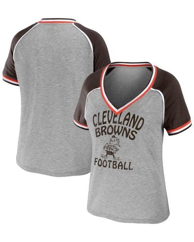 WEAR by Erin Andrews Distressed Cleveland Browns Cropped Raglan Throwback V-neck T-shirt - Gray