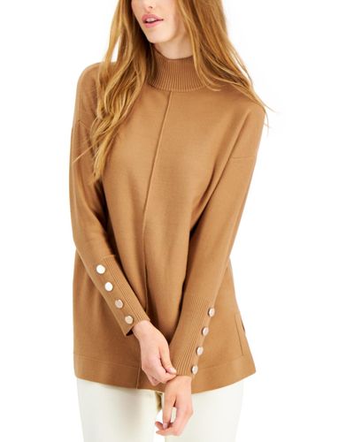 Anne Klein Petite Button-trim Mock-neck Sweater - Brown