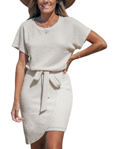 CUPSHE Beige Round Neck Short Sleeve Asymmetrical Hem Mini Beach Dress - White