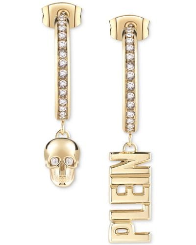 Philipp Plein Gold-tone Ip Stainless Steel 3d $kull & Plein Lettering Mismatch Charm Pave Hoop Earrings - Metallic