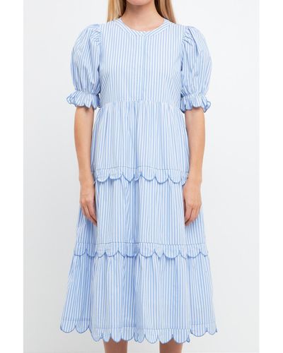 English Factory Stripe Scallop Edge Midi Dress - Blue