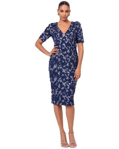 Xscape Petite 3d-flower Short-sleeve Sheath Dress - Blue