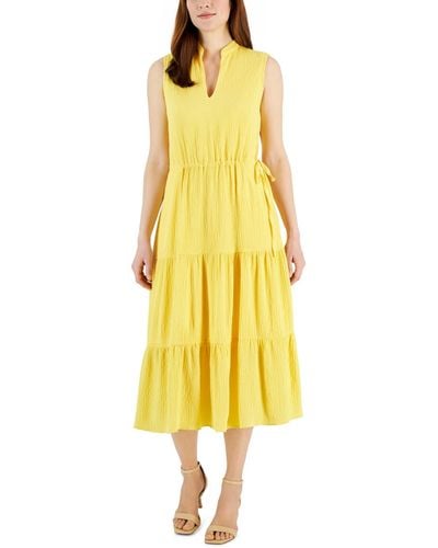 Anne Klein Split-neck Sleeveless Tiered Midi Dress - Yellow