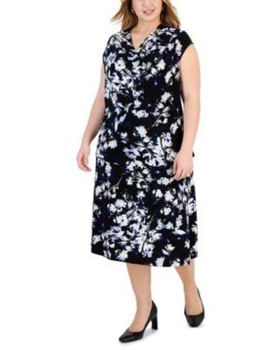 Kasper Plus Size Floral Print Cowl Neck Top Midi Skirt - Blue