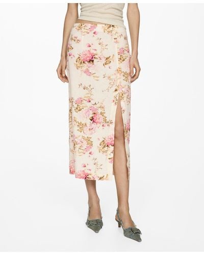 Mango Slit Detail Linen Skirt - Natural