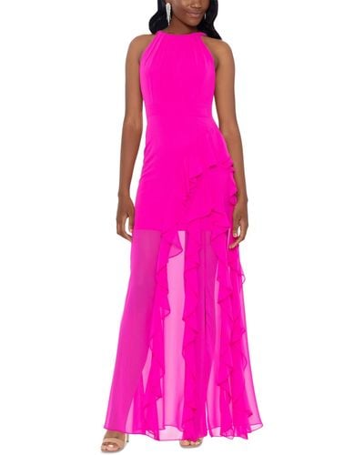 Betsy & Adam Halter-neck Ruffled Gown - Pink