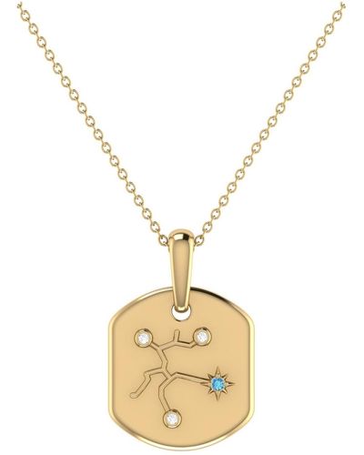 LuvMyJewelry Sagittarius Archer Design 14k Gold Blue Topaz Stone Diamond Tag Pendant Necklace - Metallic