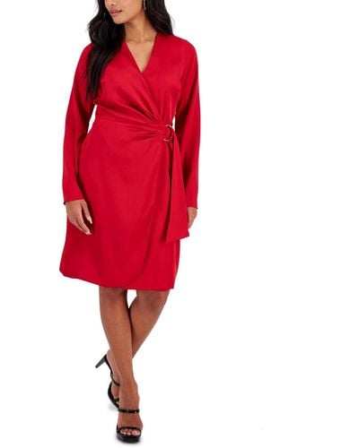 INC International Concepts Petite Long-sleeve Wrap Dress - Red