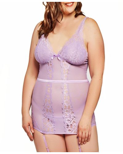 iCollection Jeannie Plus Size Elegant Lace Chemise And Panty 2pc Lingerie Set - Purple