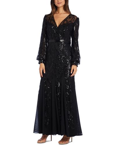 R & M Richards Sequined Blouson-sleeve Gown - Black