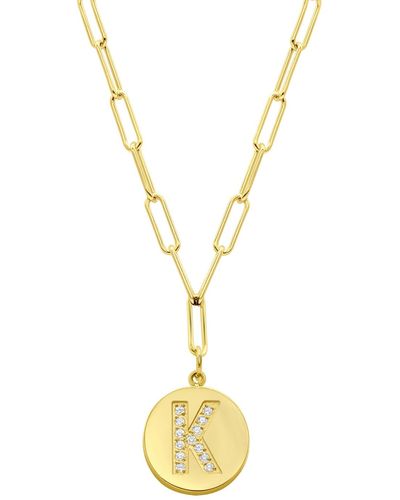 Adornia Tarnish Resistant 14k Gold Plated Pave Crystal Initial Disc Paperclip Necklace - Metallic