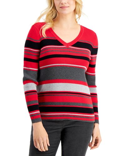 Karen Scott Blair Cotton Striped Rib V-neck Sweater - Red