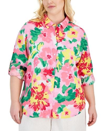 Charter Club Plus Size Linen Floral-print Roll-tab Shirt - Red