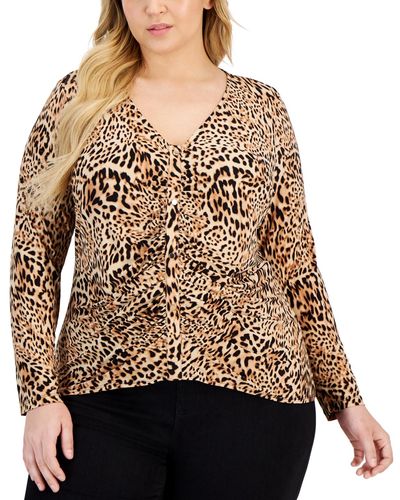 INC International Concepts Plus Size Animal-print Ruched Top - Brown