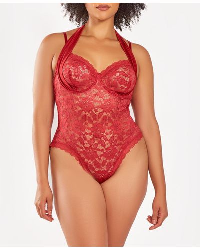 iCollection Plus Size 1 Piece Underwire Stretch Lace Lingerie Bodysuit - Red