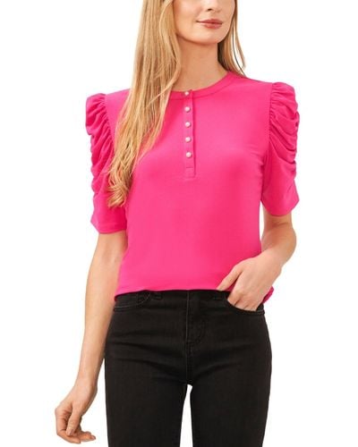 Cece Ruched Puff-sleeve Henley Knit Top - Pink
