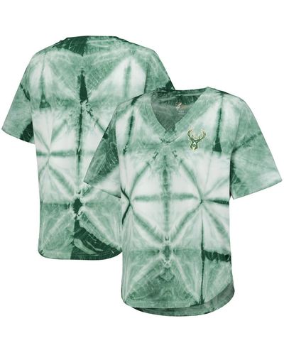 G-III 4Her by Carl Banks Milwaukee Bucks Tournament Raglan Oversized Tie-dye V-neck T-shirt - Green