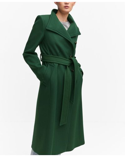 Mango Belted Woolen Coat - Green